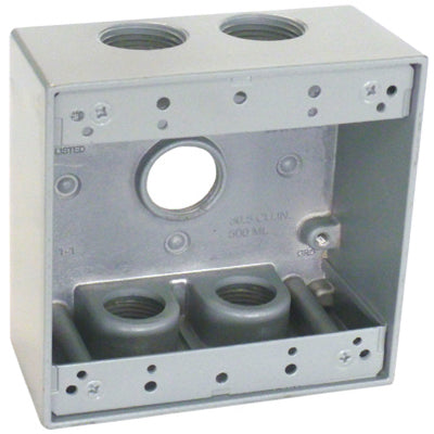 2 Gang Outlet Box, Gray, Weatherproof, Five 0.75-In. Holes