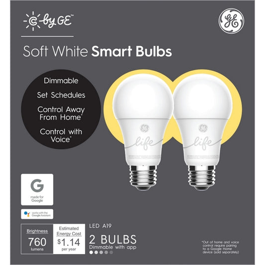 GE Lighting A19 E26 (Medium) LED Smart Bulb Soft White 60 Watt Equivalence 2 pk