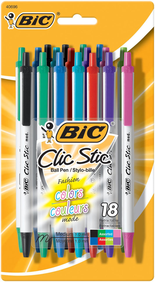 Bic CSMAP18-AST Clic Stic® Retractable Ball Point Pens 18 Count (Pack of 6)