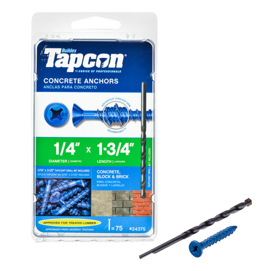 Tapcon 1/4 in. Dia. x 1-3/4 in. L Steel Flat Head Concrete Screw Anchor 75 pk