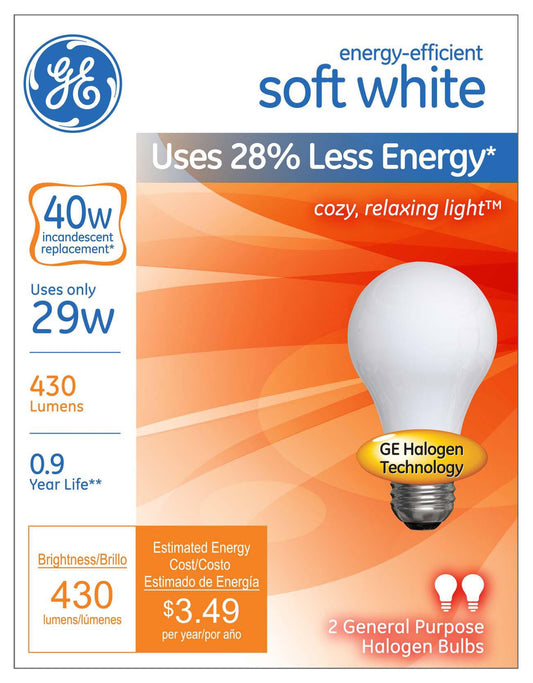 GE Lighting 63002 29 Watt Soft White A19 Halogen Light Bulb 2 Count
