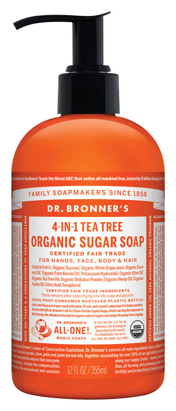 Dr. Bronner's 4-in-1 Organic Tea Tree Scent Sugar Soap 12 oz (Pack of 12).