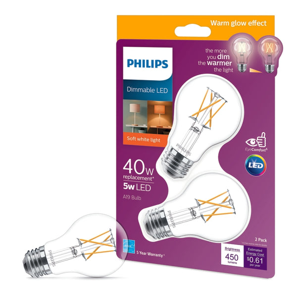 Bombilla LED Philips A19 E26 (mediana), luz blanca suave, equivalente a 40 vatios, paquete de 2