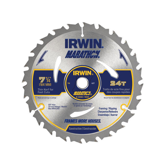 Irwin  Marathon  7-1/4 in. Dia. x 5/8 in.  Carbide  Circular Saw Blade  24 teeth 4 pk