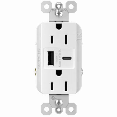 Duplex Outlet + USB Charger, Type A/C, White, 6.0A, 15-Amp
