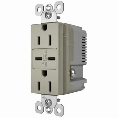 Duplex Outlet + USB Charger, Type C, Nickel, 6.0A, 15-Amp