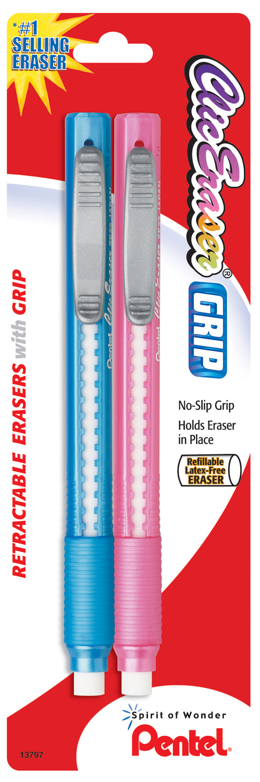 Pentel Ze21Tbp2M Clic Eraser® Retractable Eraser With Grip Assorted 2 Count