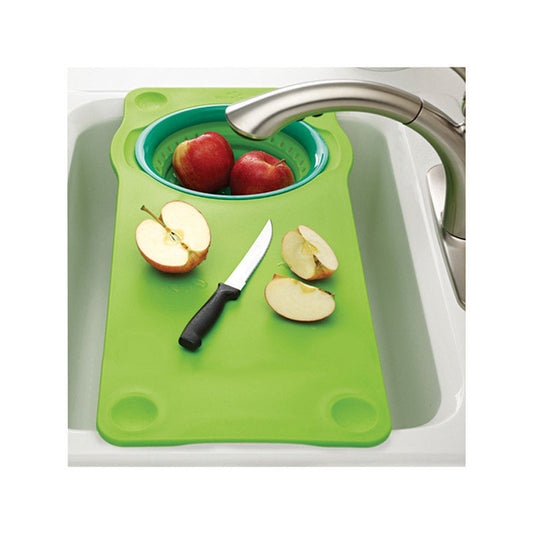 Squish  12 in. W x 21 in. L Green  Polypropylene  Cutting Board with Collaspible Colander
