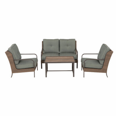 Calabria 4-Pc. Wicker Chat Set, Beige/Gray Wicker Over Aluminum, Green Cushions