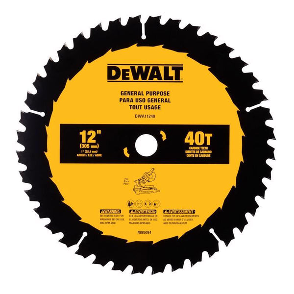 Hoja de sierra circular con punta de carburo DeWalt de 12 pulg. DX y 1 pulg., 40 dientes, paquete de 1