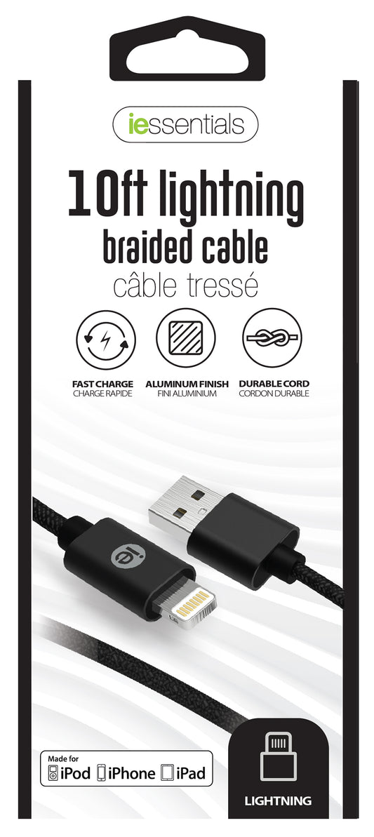 I Essentials IEN-BC10L-BK 10' Black Lightning Braided Cable