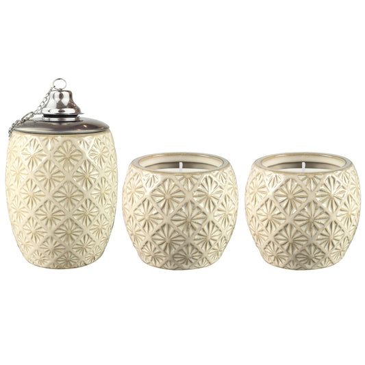 Outdoozie Ceramic Gold Sunburst Tabletop Torch and Candle Set
