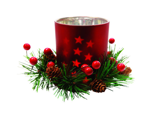 Decoris Tealight Holder With Berries and Pinecones Christmas Decoration Red/Green Glass 1 pk (Pack of 24)