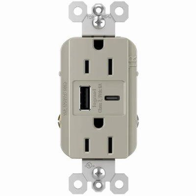 Duplex Outlet + USB Charger, Type A/C, Nickel, 6.0A, 15-Amp