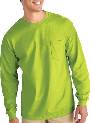 Pocket T-Shirt, Long Sleeve, Safety Green, Large (Pack of 2)