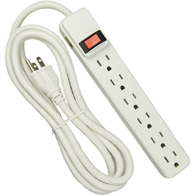 Power Strip, 6-Outlets, Extra-Long Cord, Plastic Housing, White (Pack of 8)