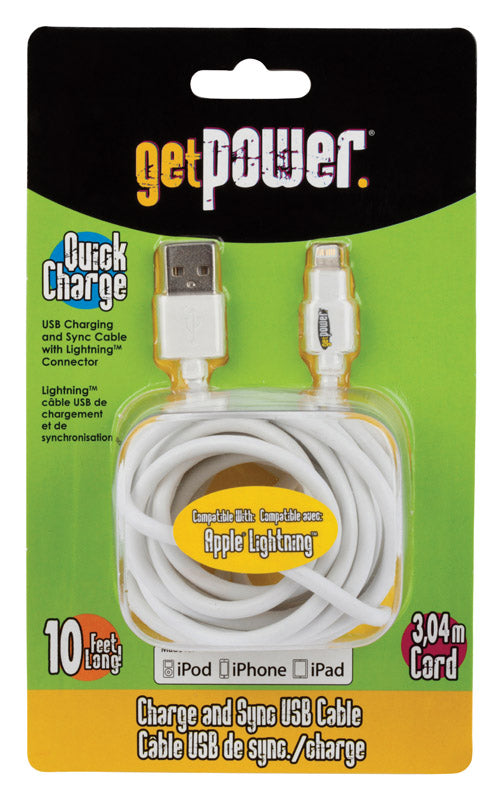 GetPower White Apple Lightning Cable For Apple 10 ft. L (Pack of 6)