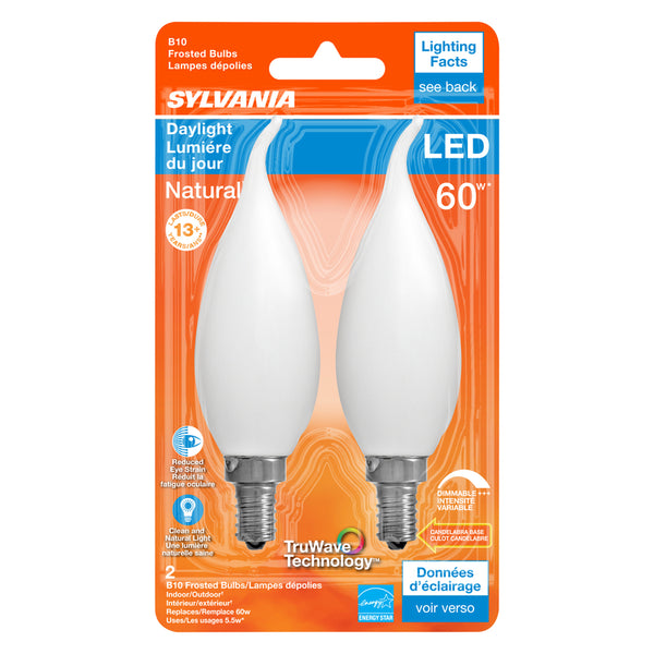 Bombilla LED Sylvania Natural B10 E12 (Candelabro) Luz diurna Equivalencia de 60 vatios Paquete de 2