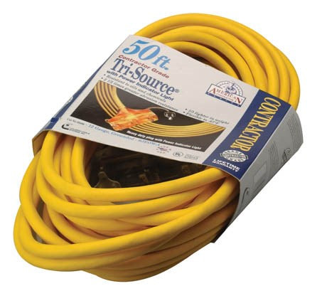 Coleman Cable 03498 50' 12/3 Yellow American Contractor™ Tri-Source® Ext Cord                                                                         