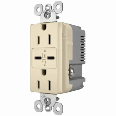 Duplex Outlet + USB Charger, Type C, Light Almond, 6.0A, 15-Amp