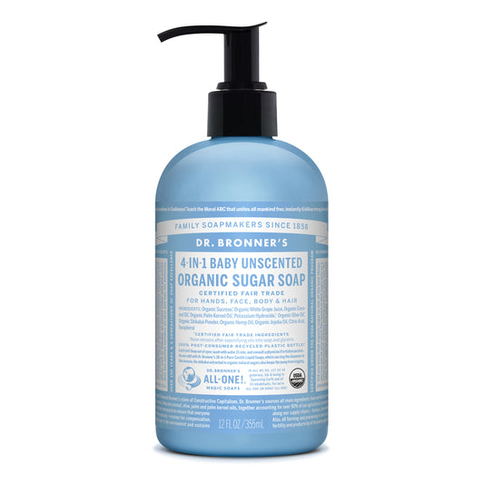 Dr. Bronner's 4-in-1 Baby Organic No Scent Sugar Soap 12 oz (Pack of 12).