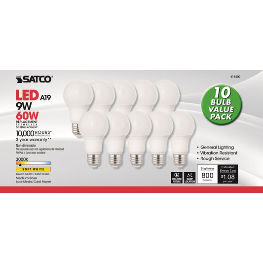 Satco . A19 E26 (Medium) LED Bulb Soft White 60 Watt Equivalence 10 pk