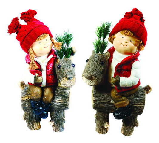 Alpine Kids on Reindeer Statue Christmas Decoration Assorted Resin 1 pk (Pack of 2)