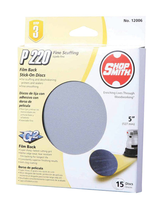 Shopsmith  5 in. Aluminum Oxide  Adhesive  Sanding Disc  220 Grit Very Fine  15 pk
