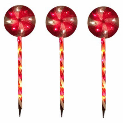 Peppermint & Candy Cane Pathway Markers, Red/Warm White Micro LED Lights, 24-In., 3-Pc.