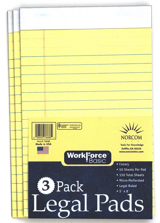 Norcom 76686-6 5 X 8 Canary Legal Pad 50 Sheets 3 Pack