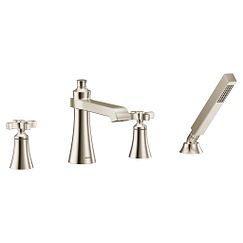 Polished nickel two-handle non diverter roman tub faucet includes hand shower