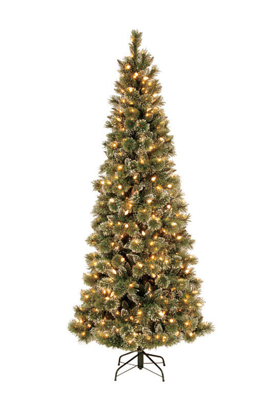 Celebrations Glittery Bristle Slim Prelit Pine Tree Soft White 500 Lights 7' Tall 809 Tips