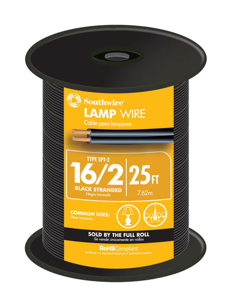 Cable de lámpara Southwire calibre 16, 2 conductores, 300 V, 20 grados C, 25 pies, negro