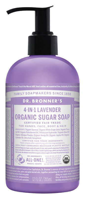 Dr. Bronner's 4-in-1 Organic Lavender Scent Sugar Soap 12 oz (Pack of 12).