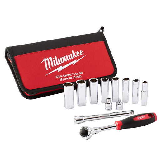Milwaukee  3/8 in. drive Stainless Steel  Metric  Pivoting  Ratchet Set  12 pc.
