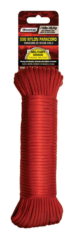 SecureLine Nylon Red Braided Paracord 110 lbs. Capacity, 50 L ft. x 5/32 Dia. in.