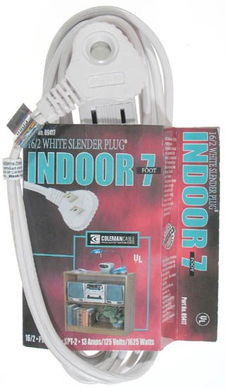 Coleman Cable 09417 7' 16/2 White SlenderPlug™ Indoor Cube Tap Extension Cord                                                                         