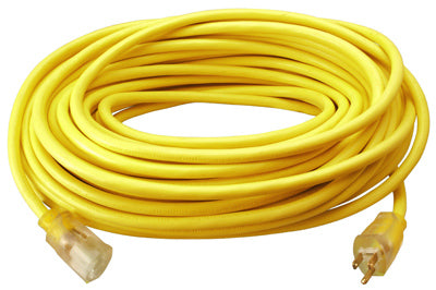 Extension Cord, 12/3 SJTW, Yellow Round Vinyl, Lighted End, 50-Ft.