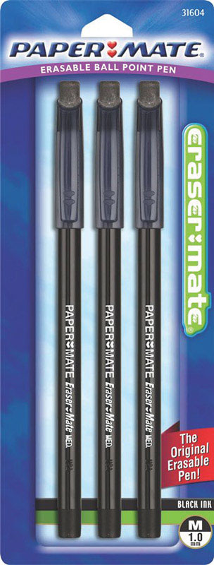 Paper Mate 3160458pp Black Medium Tip Erasermate Stick Ballpoint Pen 3 Count (Pack of 6)