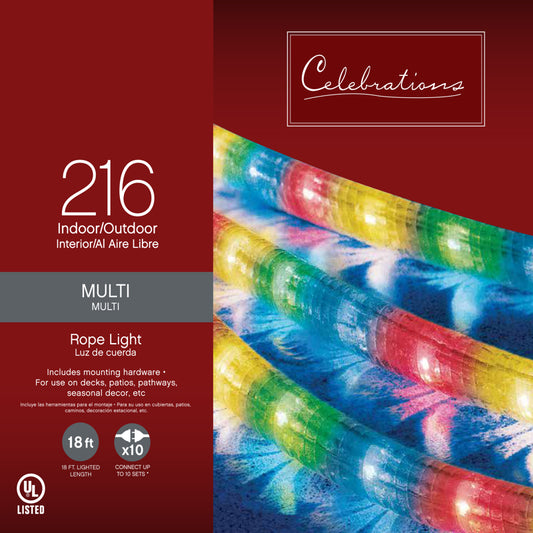 Celebrations Incandescent Mini Multicolored 216 ct Rope Christmas Lights 18 ft.