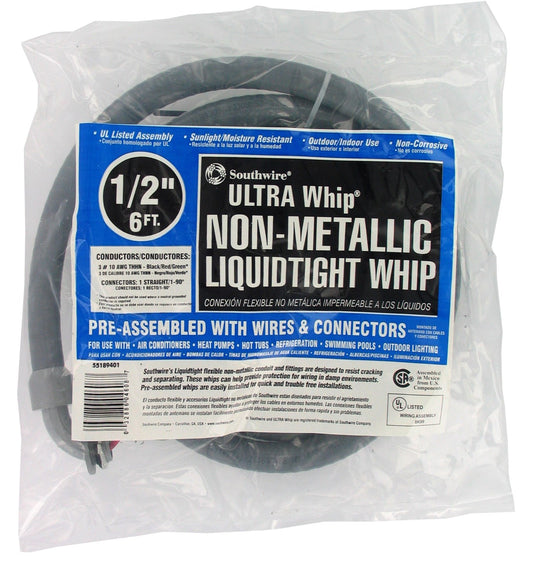 Southwire 55189407 1/2" x 72" Pre-Assembled Non-Metallic Hook Up Whips