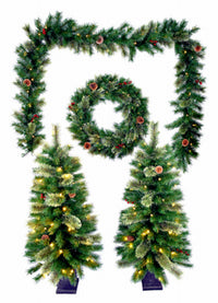 Pre-Lit Christmas Greenery Set, 50 Warm White LED Lights/Tree, 5-Pc.