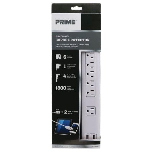 Prime 4 ft. L 6 outlets Surge Protector with USB Port White 1800 J