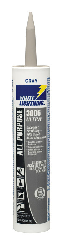 White Lightning 3006 Ultra Gray Siliconized Acrylic Latex Sealant 10 oz. (Pack of 12)