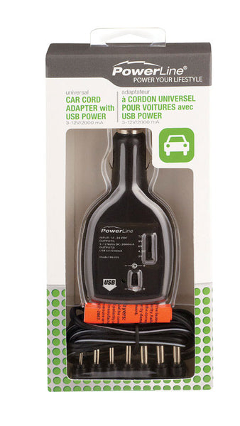 PowerLine  6 ft. L Car Cord Adapter With USB  1 pk