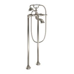 Brushed nickel two-handle tub filler includes hand shower
