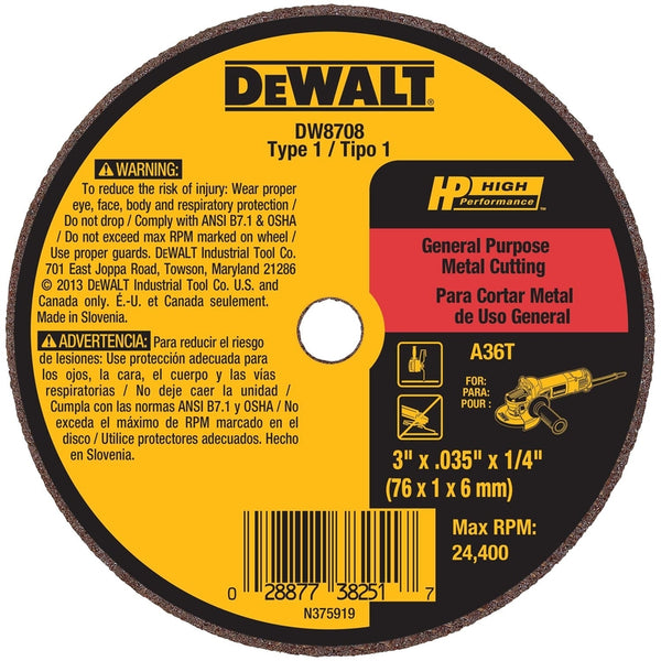 DeWalt High Performance 3 in.   D X 1/4 in.   S Aluminum Oxide Cut-Off Wheel 1 pc