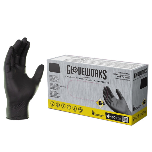 Ammex Gloveworks Nitrile Disposable Exam Gloves Large Black Powder Free 100 pk