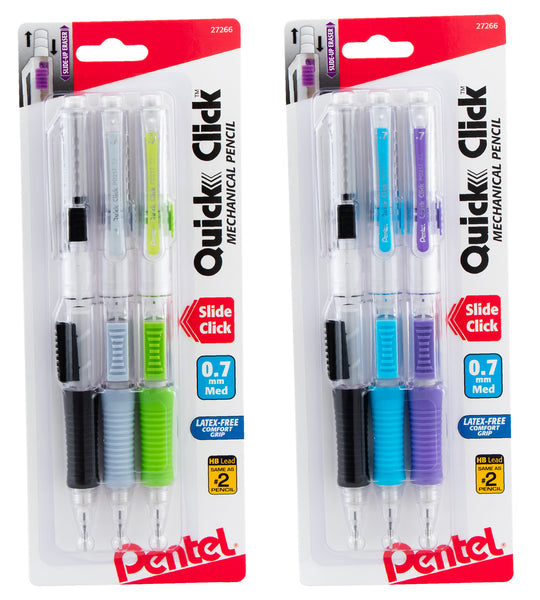 Pentel Pd217bp3m 0.7mm Quick Click Mechanical Pencils Assorted Colors 3 Count