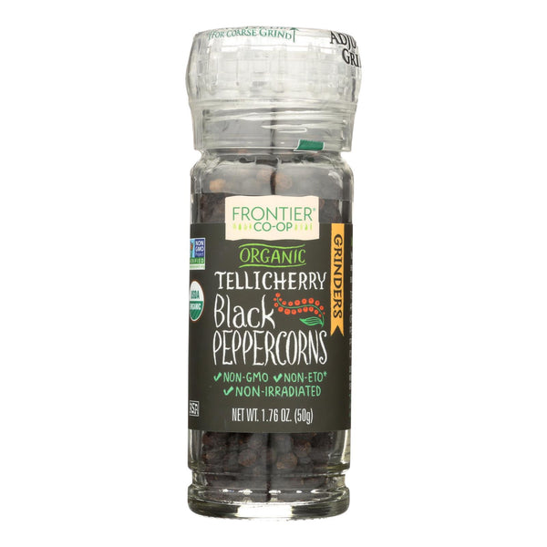 Granos de pimienta de Frontier Herb - Orgánicos - Enteros - Negros - Grado Tellicherry - Frasco para molinillo - 1,76 oz - Caja de 6